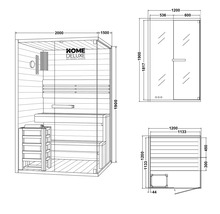 Technische tekening van een sauna met afmetingen