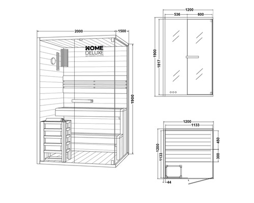 Technische tekening van een sauna met afmetingen