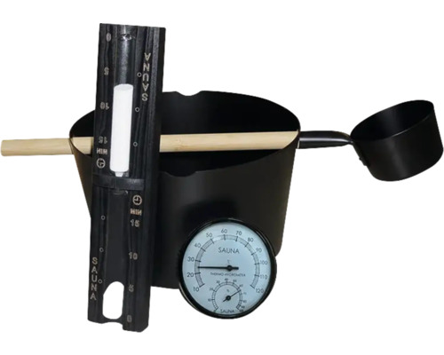 Saunaset met emmer, schep, thermo-hygrometer en badadditiefdoseerder