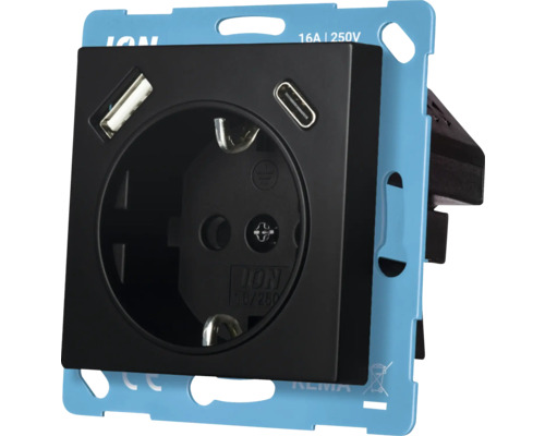 ION INDUSTRIES V1/J1 Stopcontact 1-voudig RA met USB-A en USB-C zwart mat Stopcontact met USB- en USB-C-aansluiting