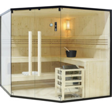 Sauna met glazen voorkant, houten banken en saunakachel