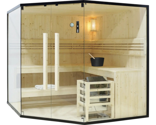 Sauna met glazen voorkant, houten banken en saunakachel