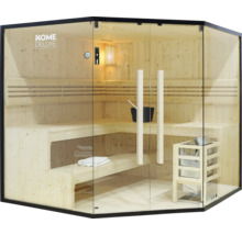 Hoeksauna met houten banken, saunakachel, lamp en glazen voorzijde