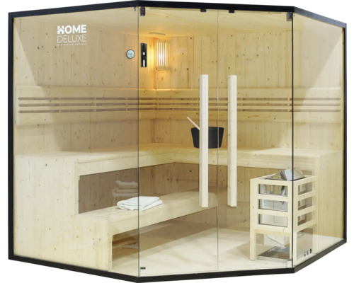 Hoeksauna met houten banken, saunakachel, lamp en glazen voorzijde
