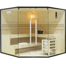 Sauna met houten banken, glazen elementen en zwart frame
