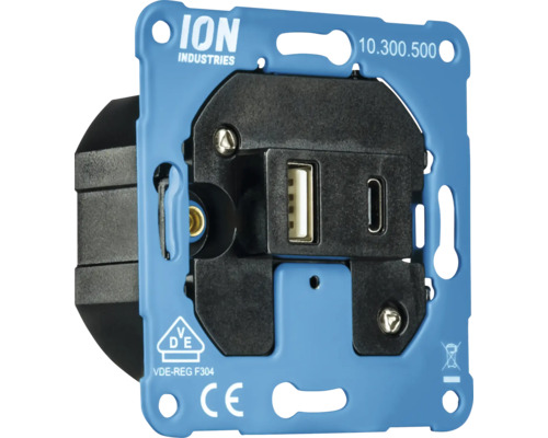 ION Industries Logo. USB-wandcontactdoos met VDE-teken en CE-markering.