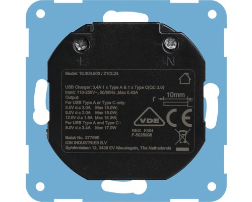ION INDUSTRIES Inbouw basiselement USB-lader USB-A + USB-C USB-oplader type A en type C met technische details
