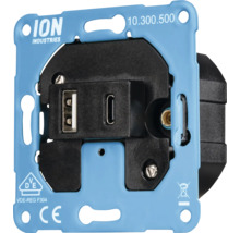 ION Industries logo. USB-stopcontact met VDE-teken en CE-markering.