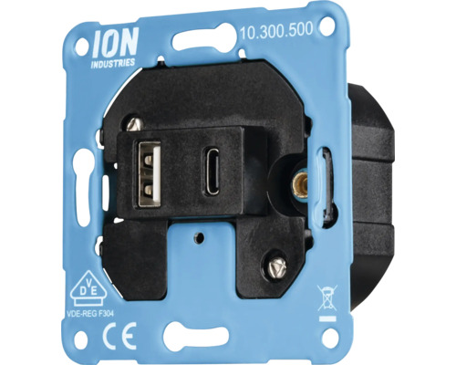 ION Industries logo. USB-stopcontact met VDE-teken en CE-markering.