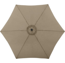 Aanzicht van een open, zeshoekige parasol