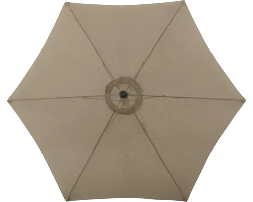 Aanzicht van een open, zeshoekige parasol