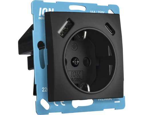 ION INDUSTRIES E1 Stopcontact 1-voudig RA met USB-A en USB-C zwart mat Stopcontact met USB-aansluiting