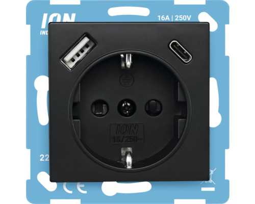 Zwart stopcontact met USB-aansluiting type A en USB-aansluiting type C