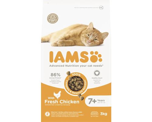 Iams kattenvoer voor katten vanaf zeven jaar met verse kip in een verpakking van drie kilogram