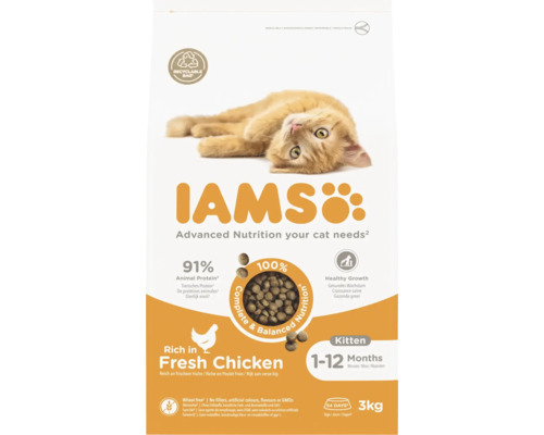 Iams kattenvoer voor kittens van 1 tot 12 maanden, met verse kip en een inhoud van 3 kilogram