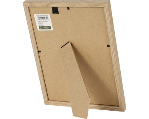 Achterkant van een licht houten fotolijst met standaard