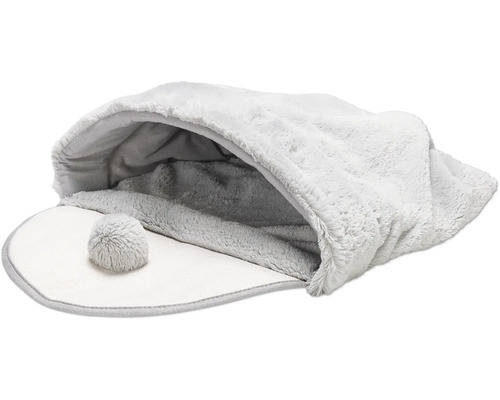 Grijze pluche kattenhol met pompon