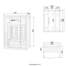 Technische tekening van een Home Deluxe sauna met afmetingen in millimeters