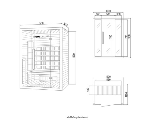Technische tekening van een Home Deluxe sauna met afmetingen in millimeters
