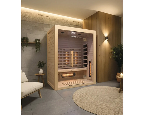 Interieurweergave van een Home Deluxe sauna met glazen voorzijde, houten bekleding en infraroodstralers