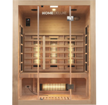 Houten infraroodsauna met bedieningselementen en glazen deur