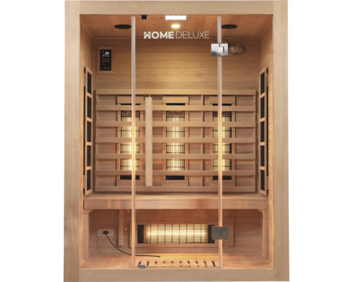 Houten infraroodsauna met bedieningselementen en glazen deur