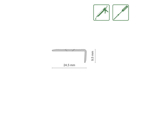 Profieldoorsnede met afmetingen 24,5 mm en 9,5 mm, montage met lijm of schroeven