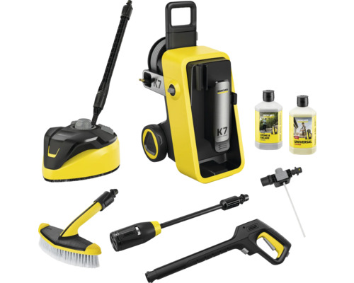 Kärcher hogedrukreiniger K7 met accessoires zoals terrasreiniger, wasborstel, spuitlans en reinigingsmiddel