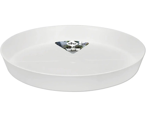Witte schotel voor bloempotten met Elho logo