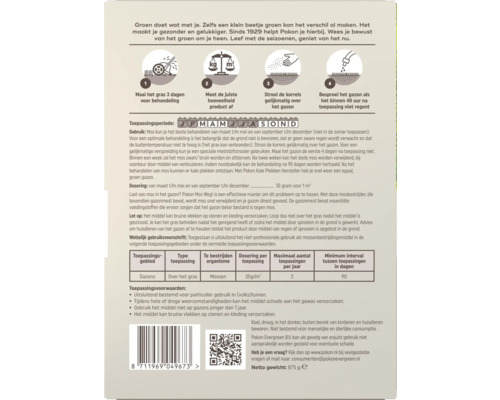 Instructies voor het gebruik van Pokon Mos Weg tegen mos in het gazon, inclusief dosering en toepassingsperiode