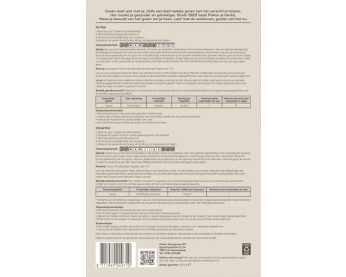 Instructies voor Pokon gazonmest tegen mos en onkruid, met informatie over de toepassingsperiode, gebruik en dosering.