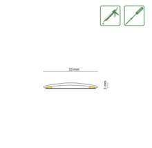 Afbeelding van een profielrail met de afmetingen 33 mm breed en 3 mm hoog, evenals symbolen voor montagelijm en schroeven