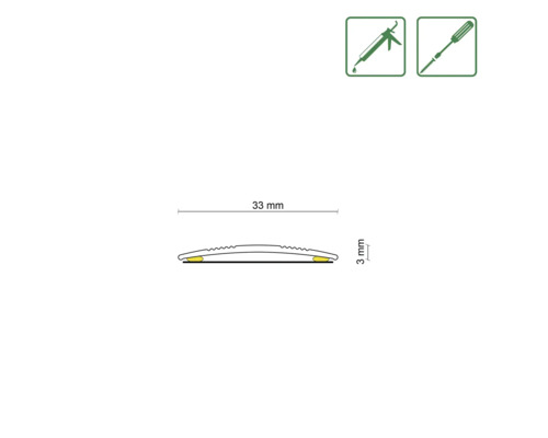 Afbeelding van een profielrail met de afmetingen 33 mm breed en 3 mm hoog, evenals symbolen voor montagelijm en schroeven