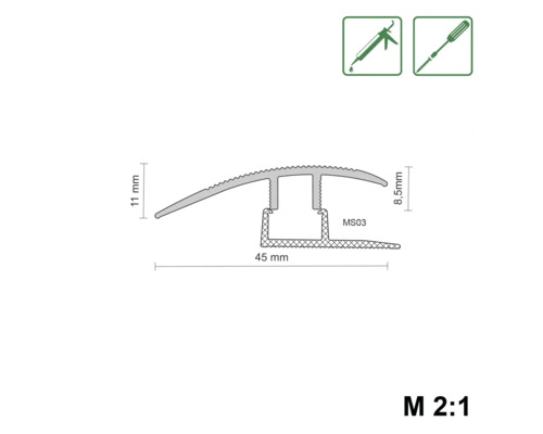 Technische tekening van een overgangsprofiel met afmetingen 45 mm breed en 11 mm hoog