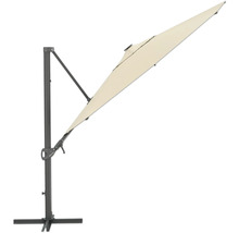 Vrijhangende parasol met grijs frame en lichtgekleurd schermdoek