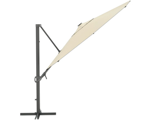 Vrijhangende parasol met grijs frame en lichtgekleurd schermdoek