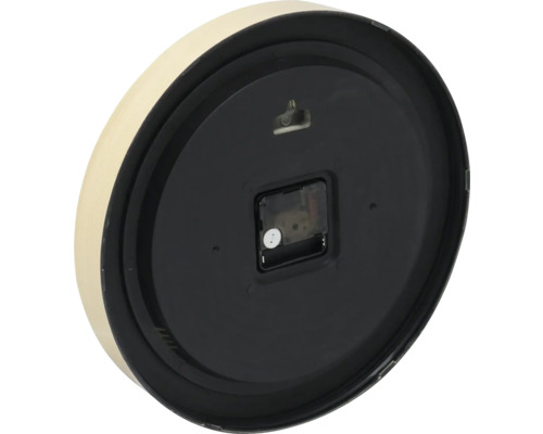 Achterkant van een wandklok met ophangsysteem en uurwerk