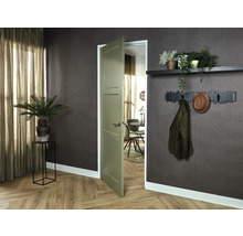 Interieur met deur, kapstok met hoed en jas, plank met planten en kamerplant in pot