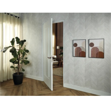 Lichte kamer met kamerplant, muurschilderingen en open deur