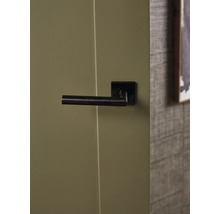 Zwarte deurklink met vierkante rozet op een deur