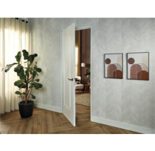 Uitnodigende kamer met kamerplant, open deur en twee schilderijen aan de muur