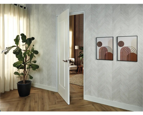 Uitnodigende kamer met kamerplant, open deur en twee schilderijen aan de muur