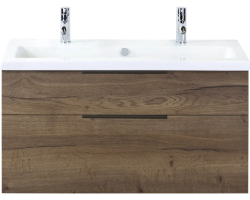 SANOX Badkamermeubelset Think tabacco 100 cm met twee lades incl. keramische wastafel met twee kraangaten Wastafelonderkast met twee laden en wastafel