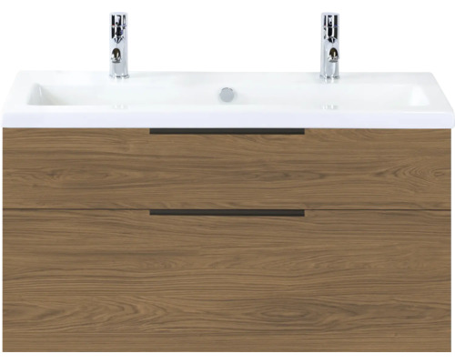 SANOX Badkamermeubelset Think honey 100 cm met twee lades incl. keramische wastafel met twee kraangaten Wastafelonderkast met twee laden en opzetwastafel