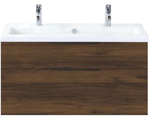 SANOX Badkamermeubelset Think walnoot 100 cm met twee lades incl. keramische wastafel met twee kraangaten Wastafelonderkast met twee laden en wastafel