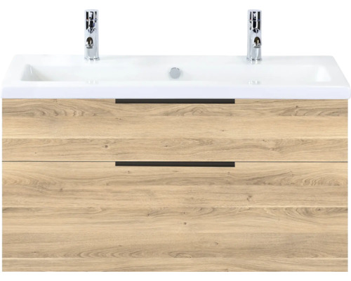 SANOX Badkamermeubelset Think grey oak 100 cm met twee lades incl. keramische wastafel met twee kraangaten Wastafelonderkast met twee laden en wastafel