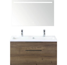 Wastafel met spiegel, twee laden en twee kranen