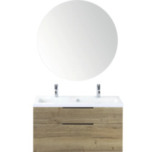 Wastafelcombinatie met ronde spiegel, wastafel en twee houten lades