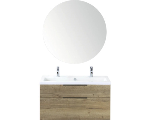 SANOX Badkamermeubelset Think natuur eiken 100 cm met twee lades incl. keramische wastafel met twee kraangaten en Rondo spiegel Wastafelcombinatie met ronde spiegel, wastafel en twee houten lades