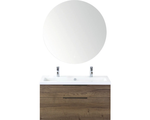 SANOX Badkamermeubelset Think tabacco 100 cm met twee lades incl. keramische wastafel met twee kraangaten en Rondo spiegel Wastafelcombinatie met ronde spiegel, kranen en onderkast